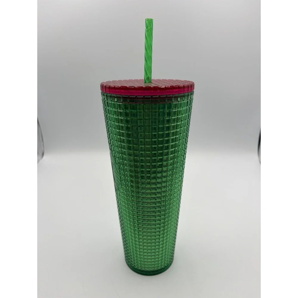 Starbucks Green Textured Cold Cup Tumbler 24 oz Reusable w/ Straw